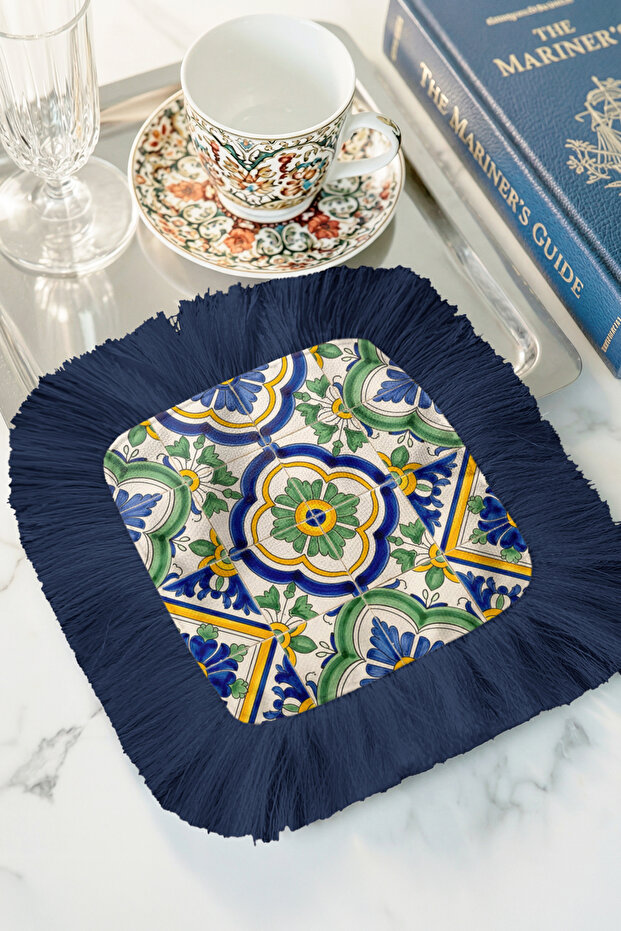 Luxurious Palace Motif Fringed Presentation Napkin - Mediterranean Inspired Bohemian Blue Green Coaster Tissue