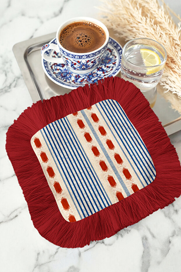 Elegant Striped Red Fringed Presentation Napkin - Ethnic Blue Cream Modern Burgundy Coaster Tissue
