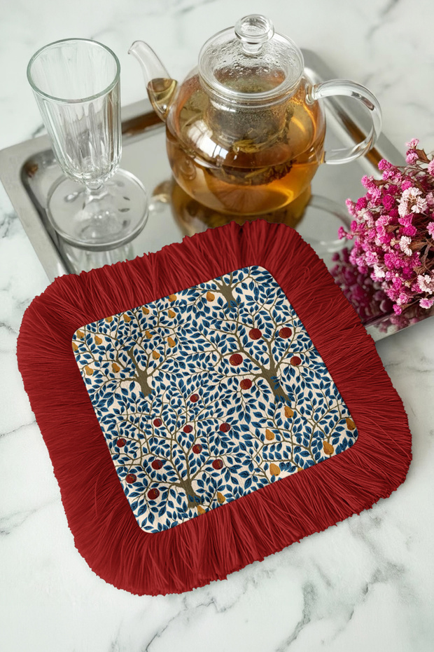 Elegant Nar Tree Motif Fringed Presentation Napkin - Bohemian Garden Blue Red Coaster Tissue