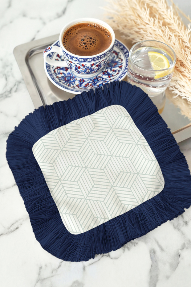 Elegant Geometric Fringed Stylish Serving Napkin - Luxurious Modern Navy Blue Striped Coffee Table Napkin