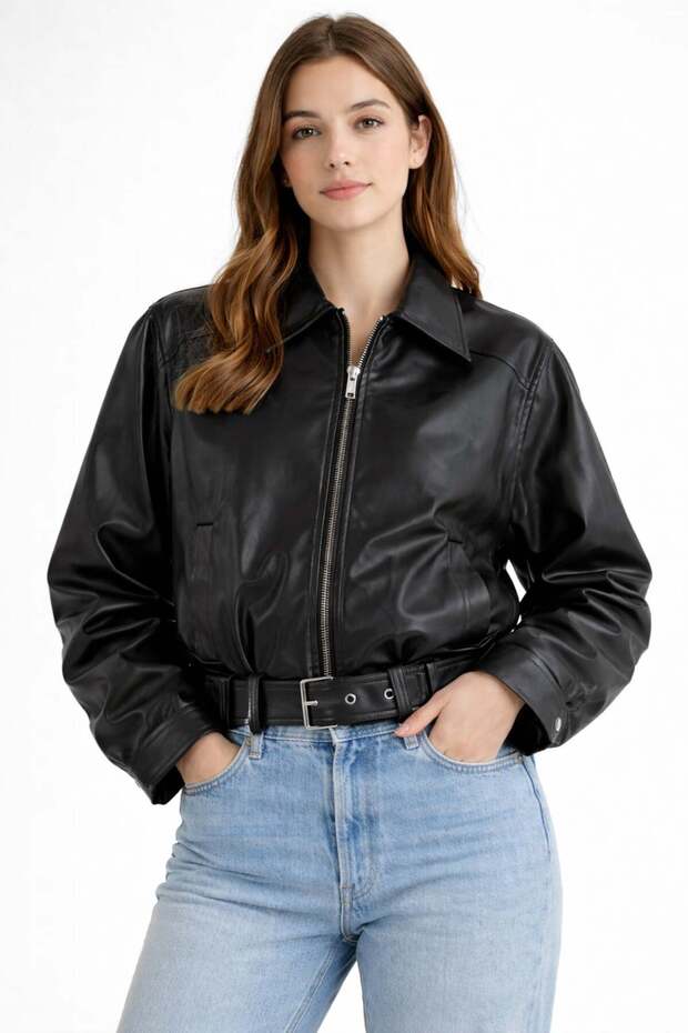 Women's Belted Leather Jacket 1056