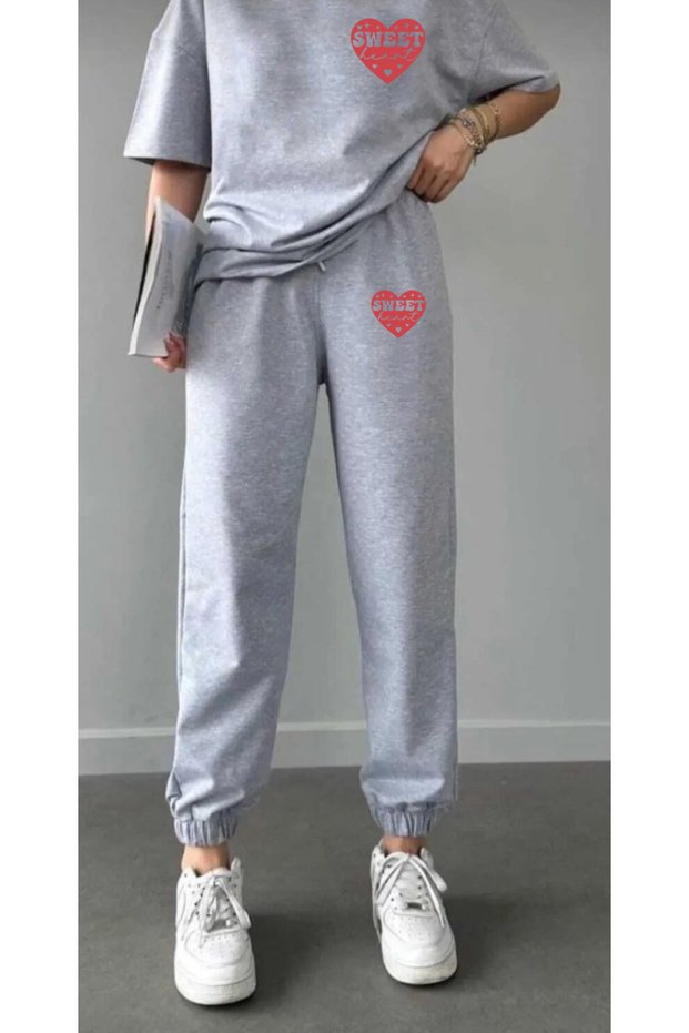 Women's Heart Printed Short Sleeve T-Shirt Sweatpants Top and Bottom Set