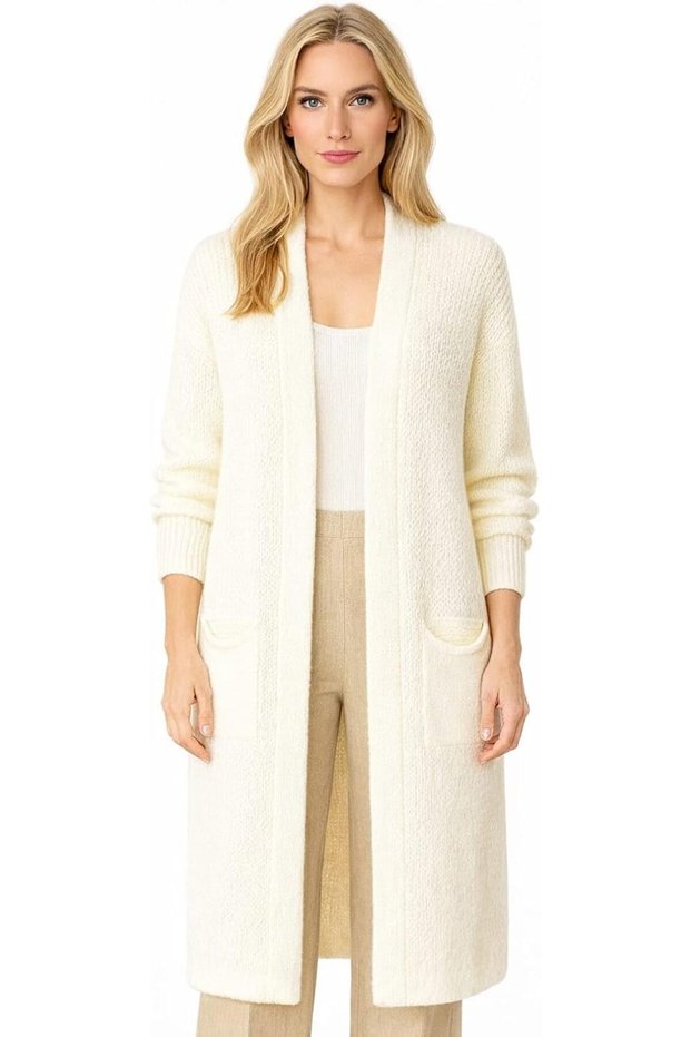 Women’s Long Knit Cardigan – Open Front Winter Coat with Pockets, Elegant Casual Style
