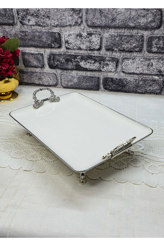 Pisa Metal 4-Legged Porcelain Presentation Plate with Handle and Silver Detail 33*21cm