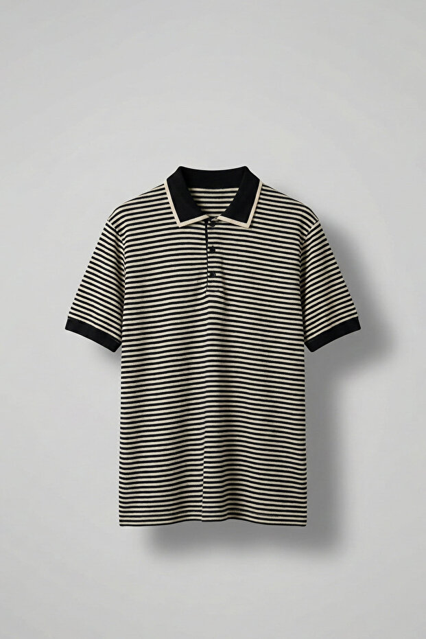 Men's Regular Fit Striped Polo Collar Knitted T-Shirt Black