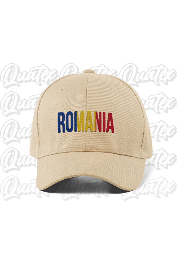 Romanian Embroidered Country Flag Hat - Cream Beige Color 100% Cotton Gabardine Unisex Model Hat