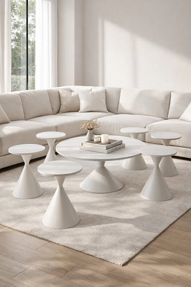 Modern White Coffee Table Set 1+6 – 7 Pieces Round Center Table with 6 Side Tables