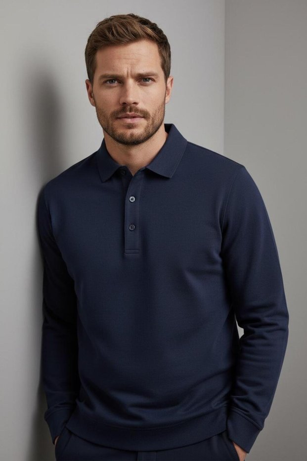 Polo Collar Cotton Basic Navy Blue Sweatshirt