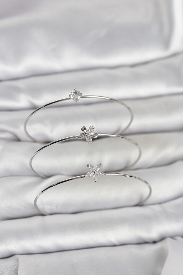 Silver Color Zircon Stone Brass 3-Piece Women's Bracelet Combination