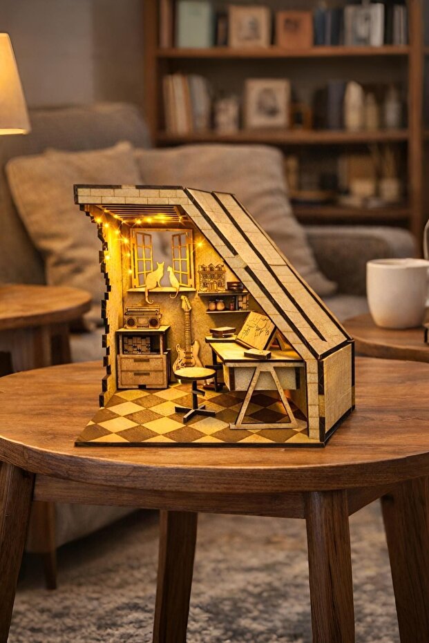 ALGWOOD Ahşap Çatı Katı Miniyatür Maket Seti – Peri Led Işıklı Dekoratif Hobi, Dekor ve Hediye Maket