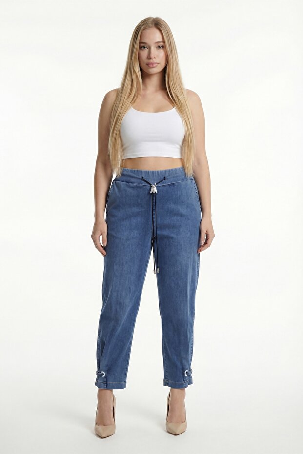 Women's Navy Blue Seasonal Denim Trousers with Elastic Waist and Special Accessories