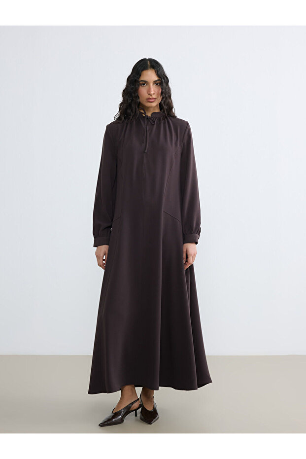 Lcw Modest Brown Tie-Neck Shirred Crepe Dress with Nevavm Difference - S6Ie89Z8-Zrr