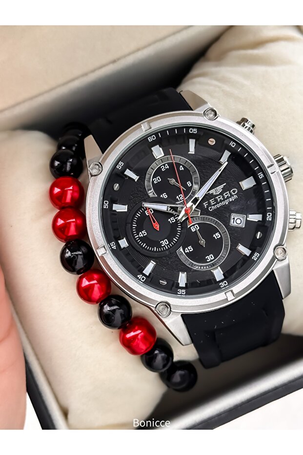 Sports Men's Wristwatch, Functions Active, Black Silicone Cord, in Stylish Box +Bracelet