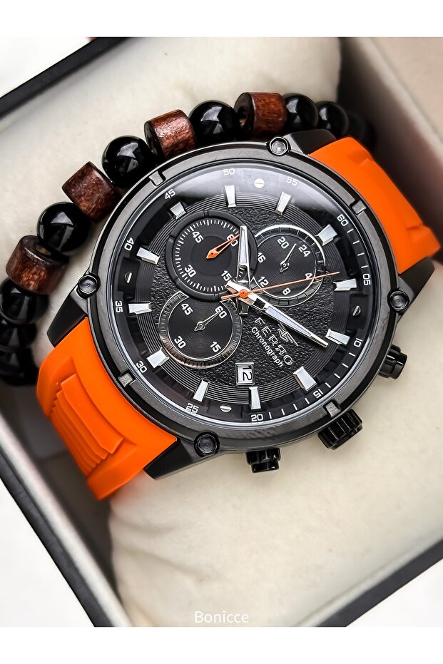 Sports Men's Wristwatch, Functions Active, Orange Silicone Cord, in Stylish Box +Bracelet