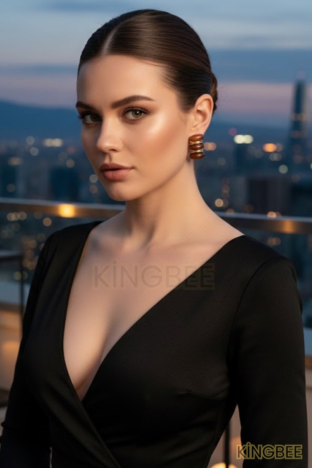 Amber and Burgundy Colored Modern Cut Triple Oval Women's Earrings Geometric Design Gold Detailed Stylish Accessory