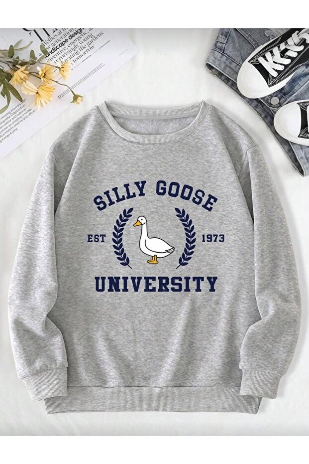 Silly Goose Printed Crewneck Solid Gray Sweatshirt