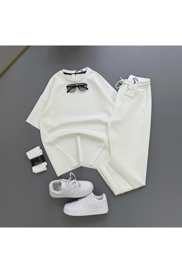 Scuba/Diver Fabric Asymmetrical Cut Tshirt-Sweatpants 2-Piece Set