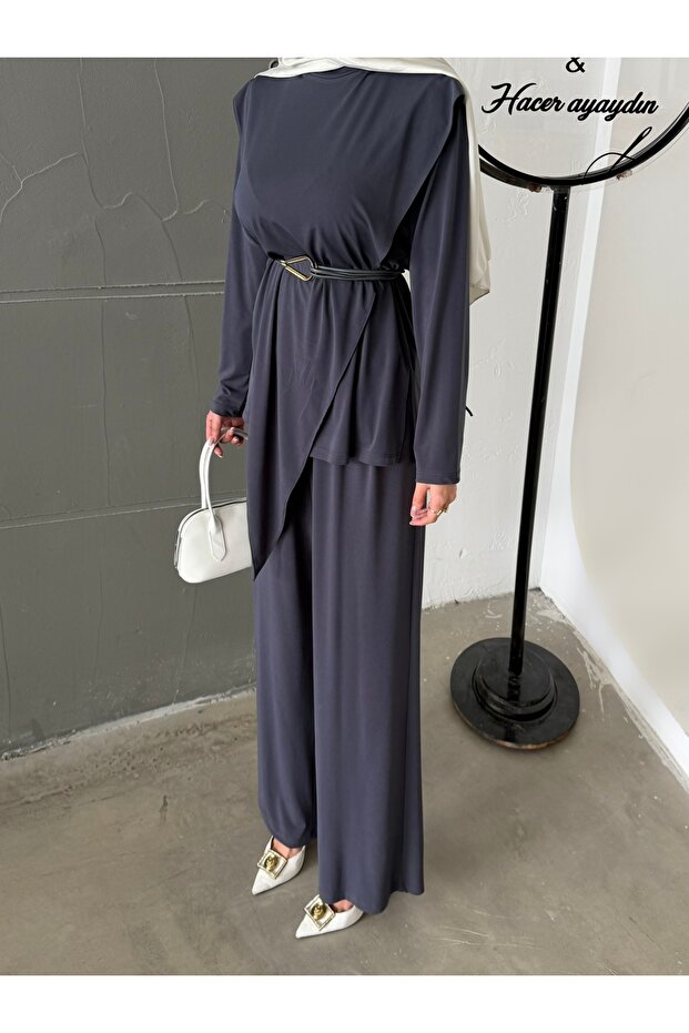 Asymmetrical Segmented Belted Sandy Double Set - 1