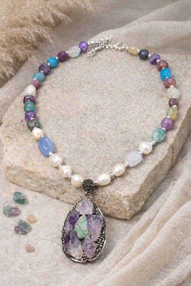 Blue Chalcedony & Amethyst Pendant Necklace with Real Freshwater Pearl and Agate Natural Stone Special Design Necklace