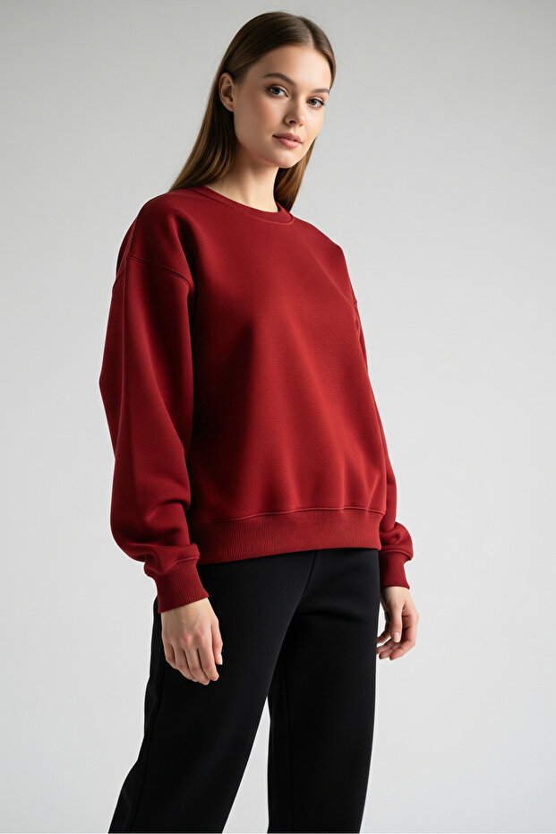 Women's Oversize Crew Neck Cotton Basic Sweatshirt Red