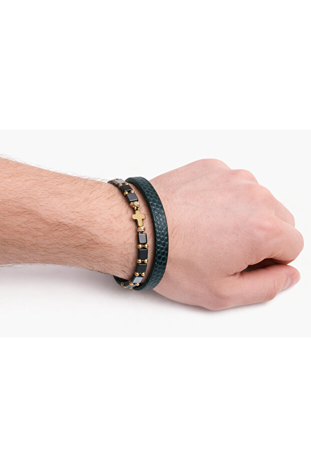 Double python Leather bracelet with blue hematite and cruciformite - 1