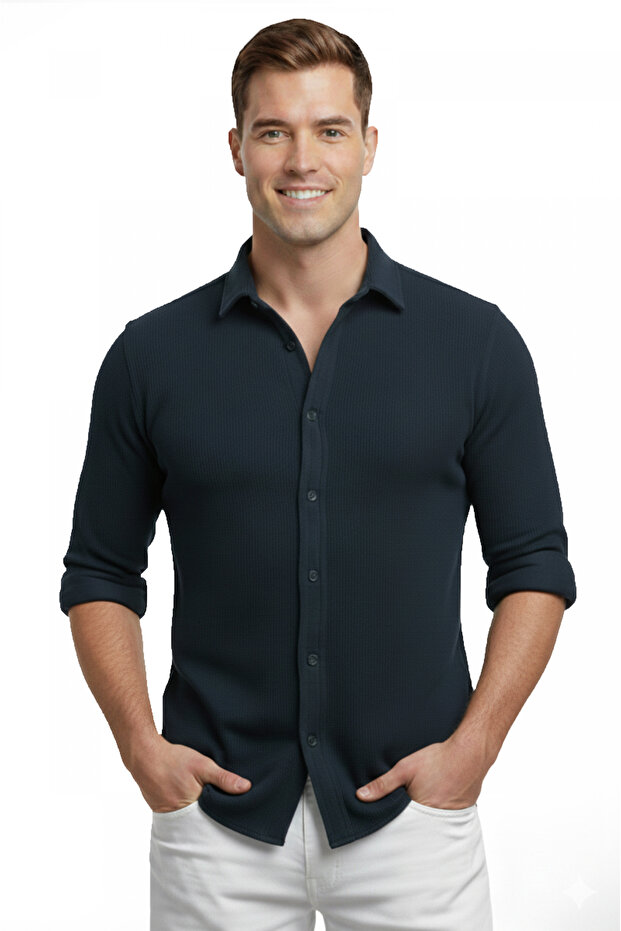 Navy Blue Slim Fit Knitted Fabric Lycra Men's Shirt - Breathable, Flexible, and Modern Design 2602604