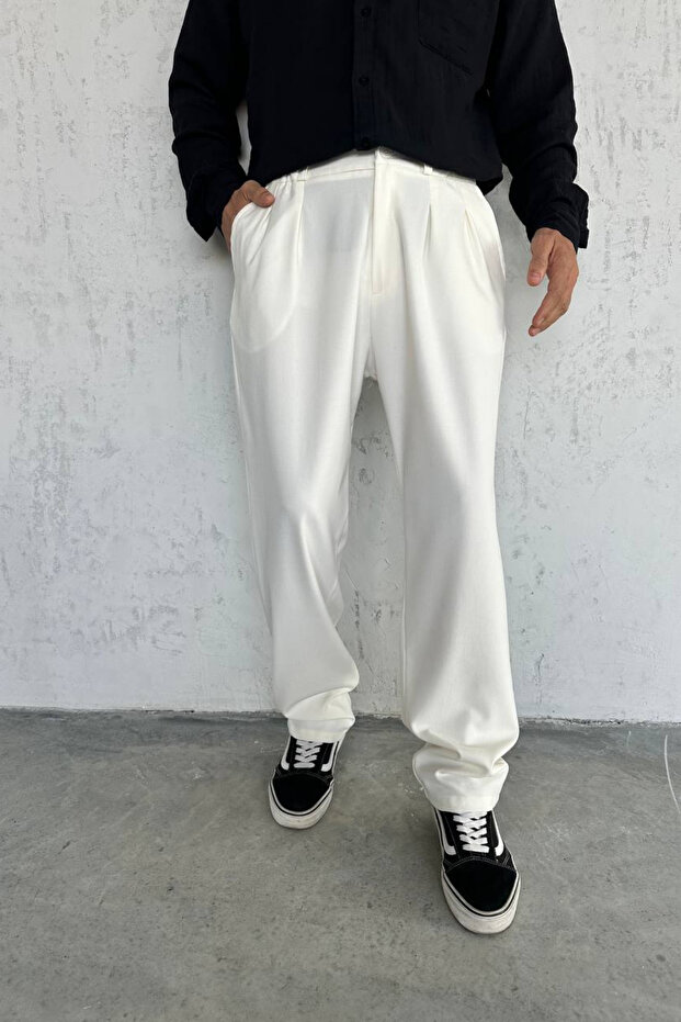 Men's White Pleated Elastic Waist Baggy Premium Fabric Trousers