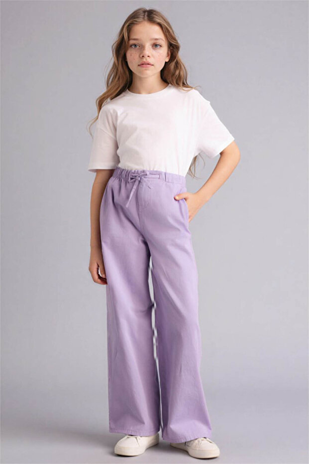 100% Cotton Wide Leg Gabardine Trousers for Girls G0607A826Sm
