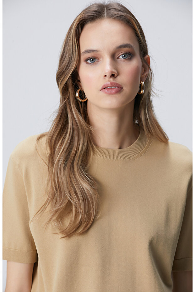 Camel İnce Ribana Örgü Dik Yaka Rayon Basic Kazak - 2