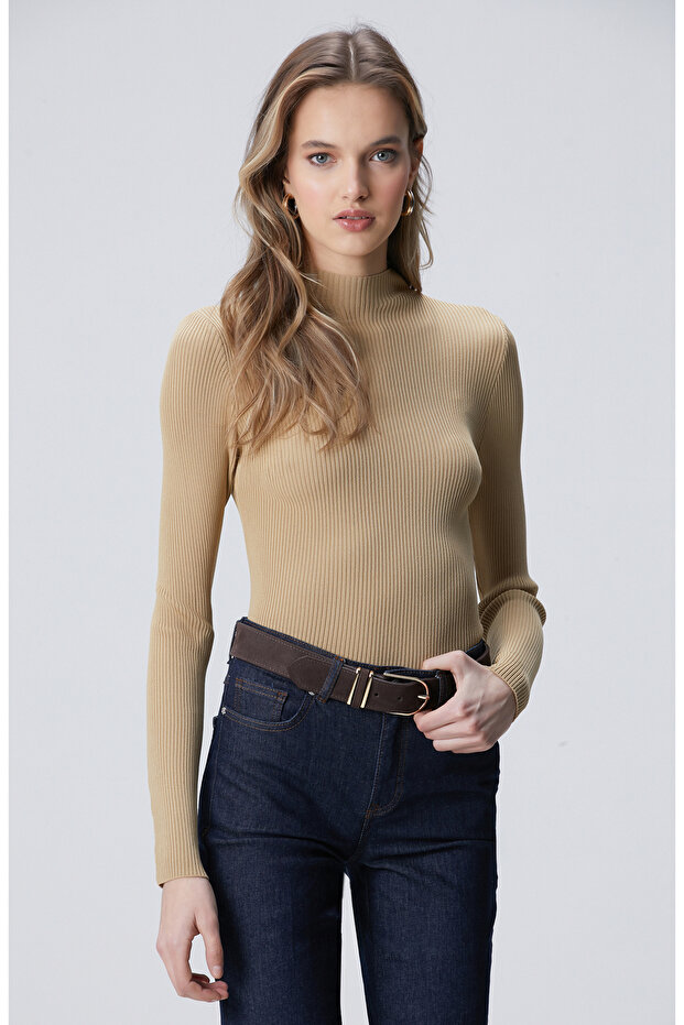 Camel İnce Ribana Örgü Dik Yaka Rayon Basic Kazak - 4