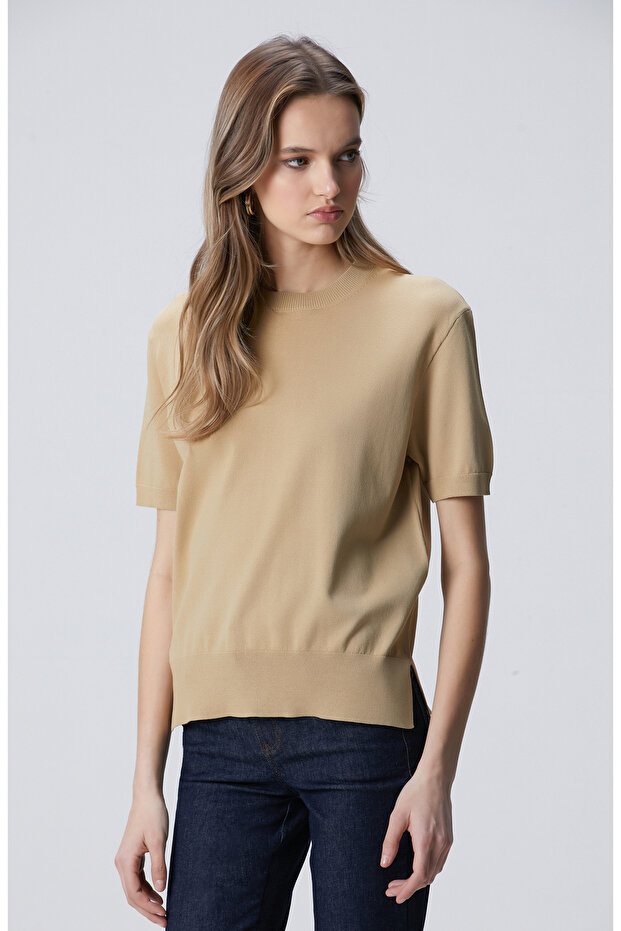 Camel İnce Ribana Örgü Dik Yaka Rayon Basic Kazak - 3