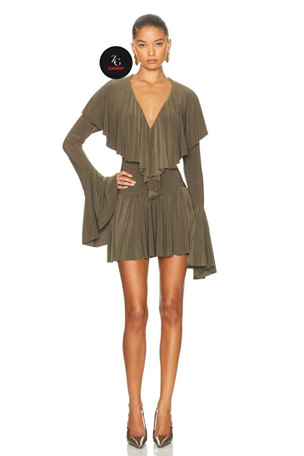 Women's Khaki Flounce Ruffle Lined No-Show Mini Dress