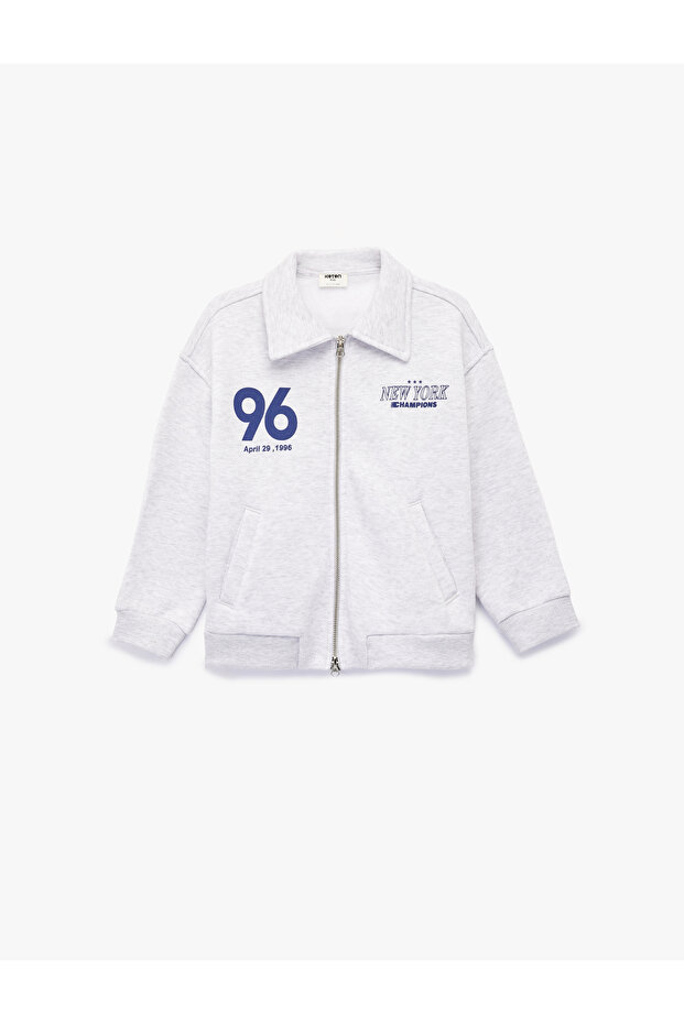 Printed Polo Collar Zippered Bomber Jacket with Raised Long Sleeves