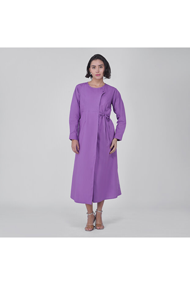 Purple Cotton Poplin Wrap-Style Midi Dress