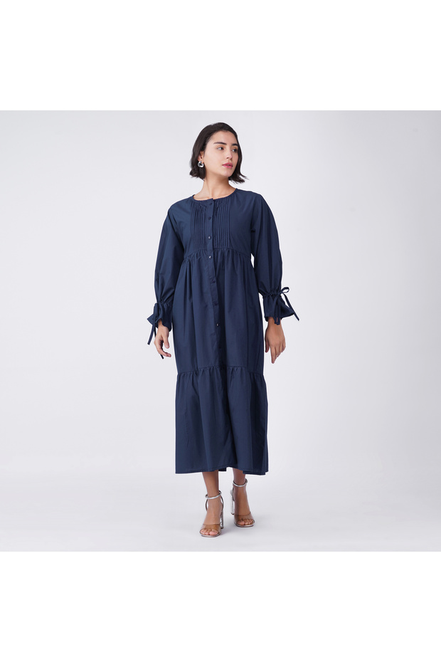 Dark Blue Cotton Poplin Tiered Midi Shirt Dress