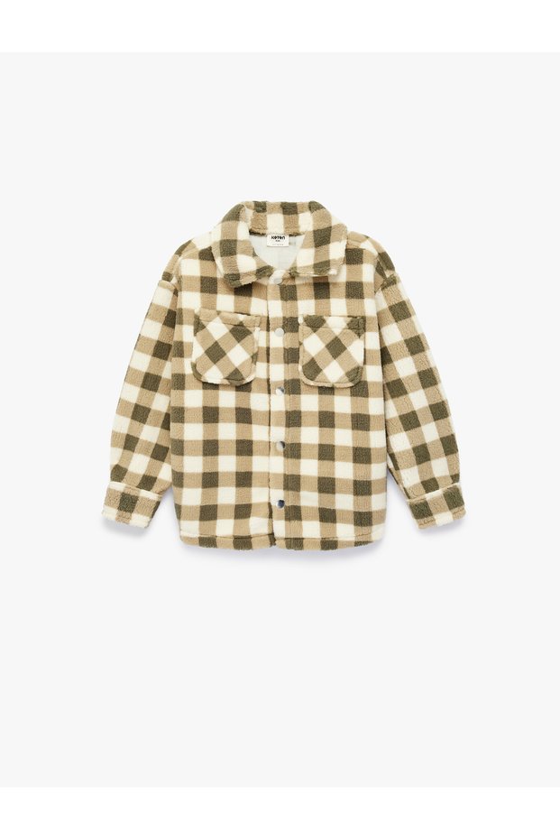 Long Sleeve Buttoned Pocket Detailed Plaid Fleece Shirt Jacket