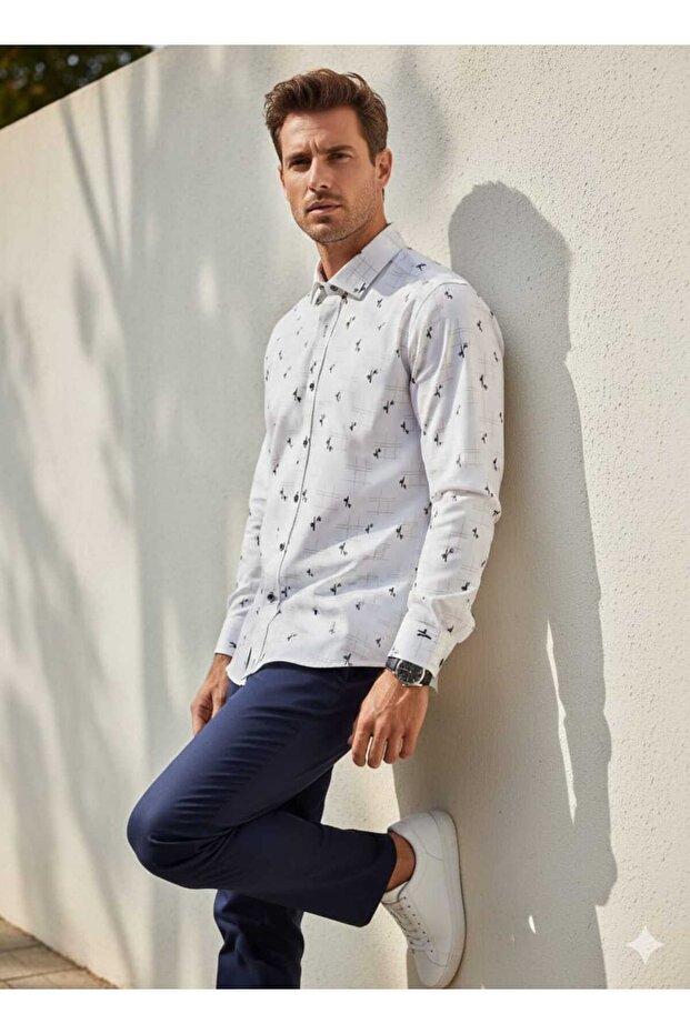 Square and Leaf Patterned Long Sleeve Men's Shirt