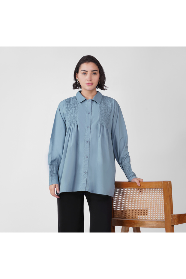 Denim Blue Cotton Poplin Shirt with Smock Detailing