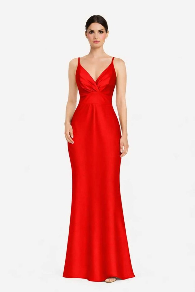 Women’s Elegant Satin Maxi Dress – Spaghetti Strap V-Neck Sleeveless Mermaid Evening Gown