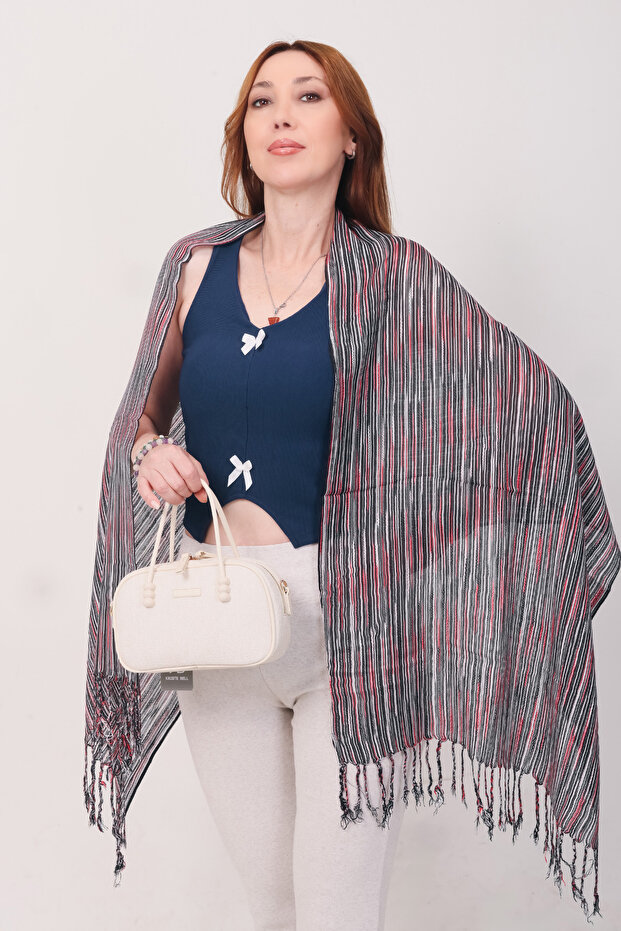 Shawl 100% Cotton Red, Smoked & White Striped Patterned Shawl (50X160 cm)