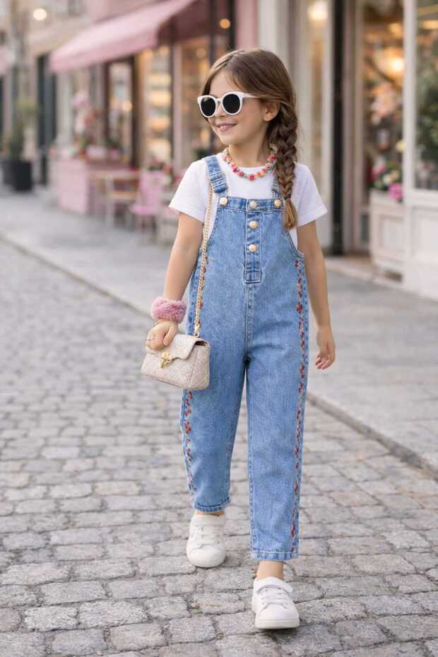 Floral Embroidered Cotton Single Denim Salopet Gardener Adjustable Strap (No T-Shirt Included)