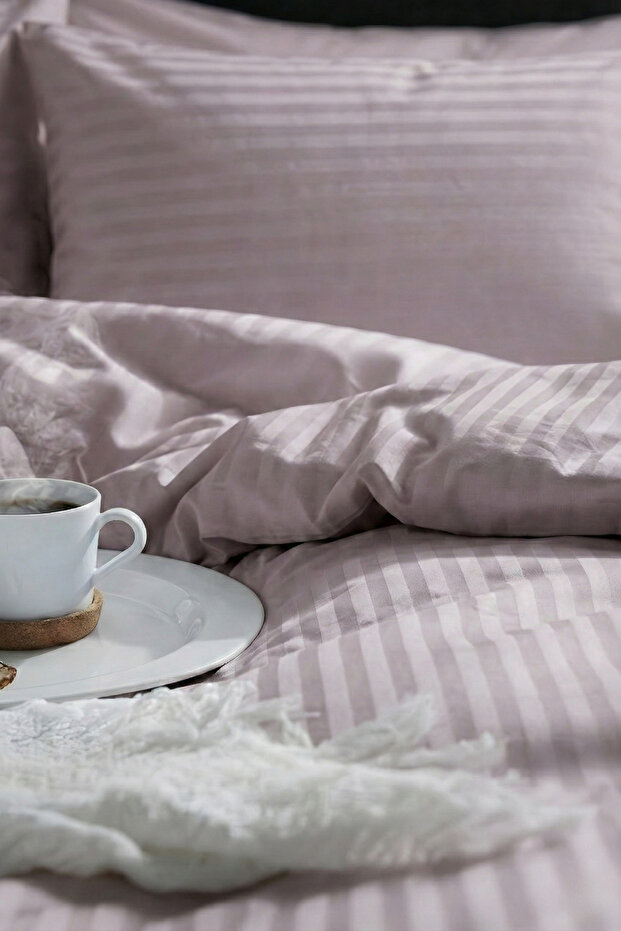Single Cotton - Satin 210 Tc (83 Thread) Striped Duvet Cover Set Plum