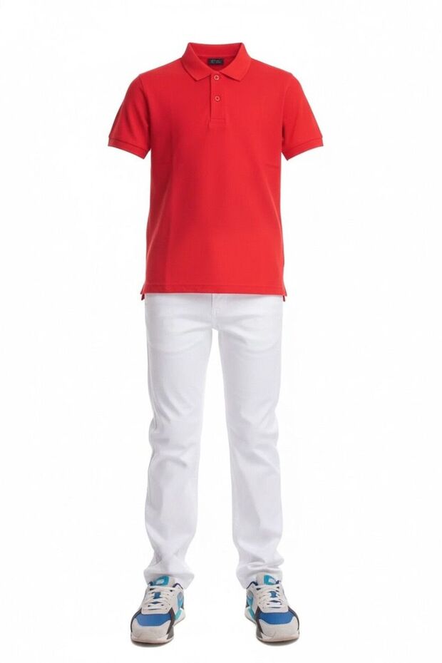 Boy's White Pants Red Polo Collar 23 April Suit Costume - Nrhytbedyazzpvantkirziust