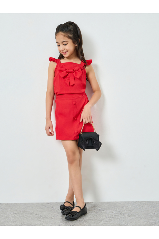 Girls Red Bow Detail Top and Skirt Set