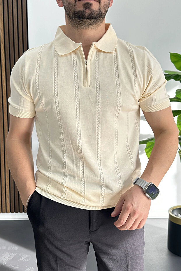 Men's Patterned Polo Neck T-Shirt Cream Edw457