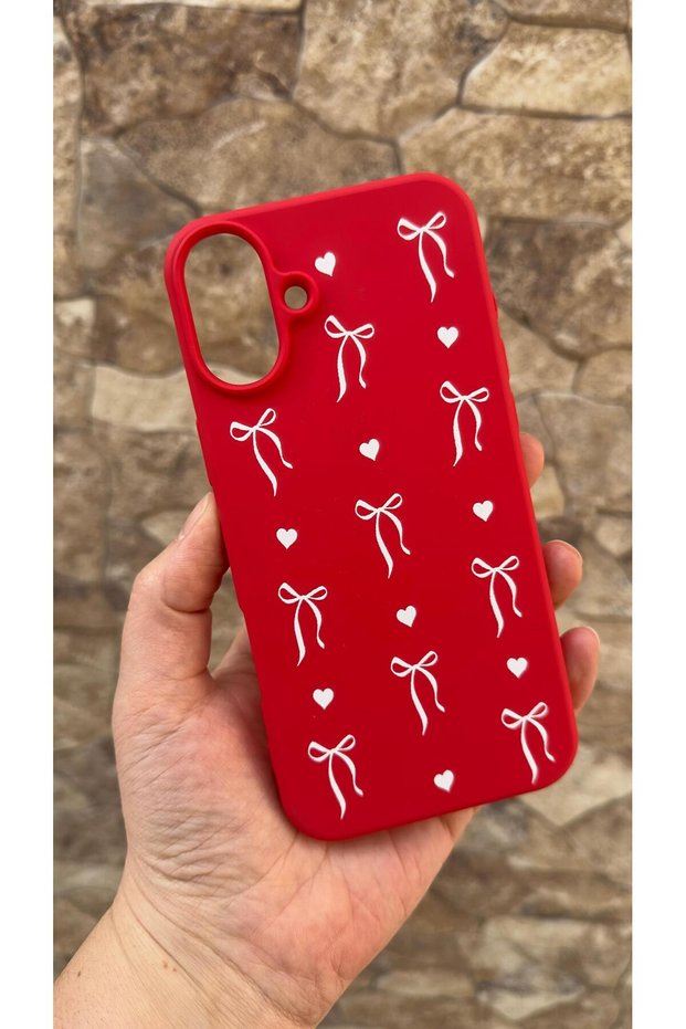 iPhone 16 Compatible Heart Bow Patterned Silicone Shock-Absorbing Classic Protective Rubber Case