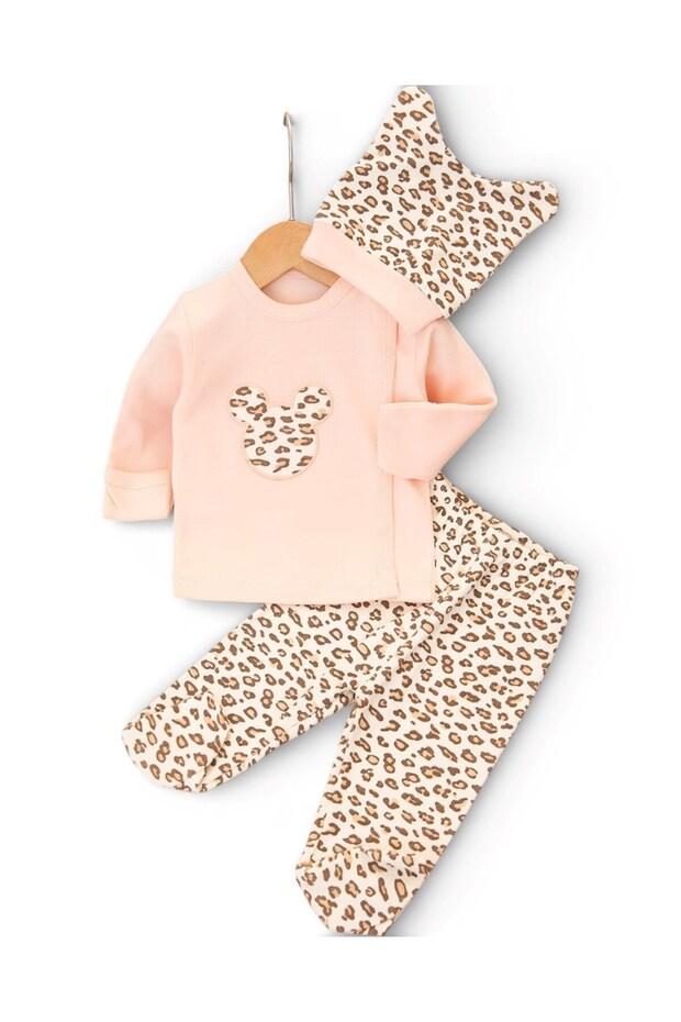Baby Girl 100% Cotton Leopard Patterned Embroidered Hat, Self-Gloved 3-Piece Bodysuit Set