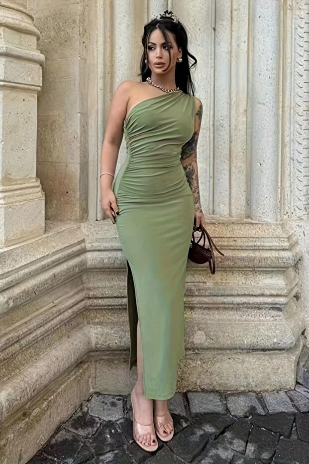 Oleander Tek Omuz Drapeli Yırtmaçlı Maxi Elbise - 1