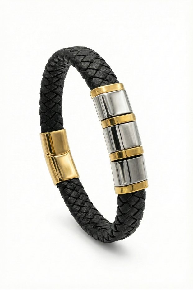 Black Hair Braid with Gold Yellow Silver Gray Steel Detail Leather Magnetic Lock Bracelet