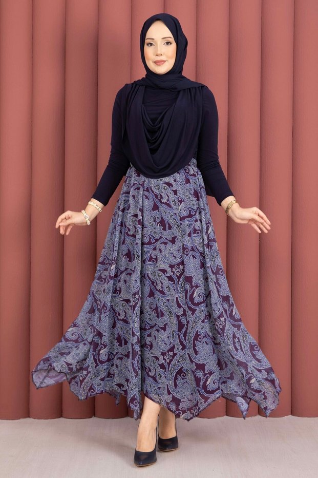 Shawl Pattern Asymmetrical Cut Chiffon Skirt Plum